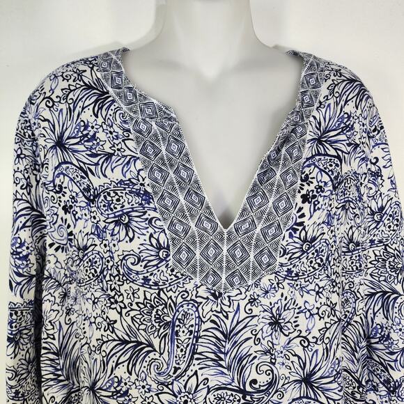 Sigrid Olsen Tunic Top Size Large Blue Floral 3/4 Sleeve 100% Linen V Neck Beach - Picture 4 of 11